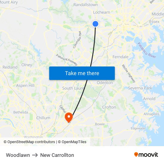 Woodlawn to New Carrollton map