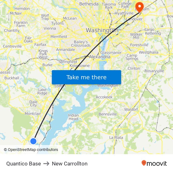 Quantico Base to New Carrollton map