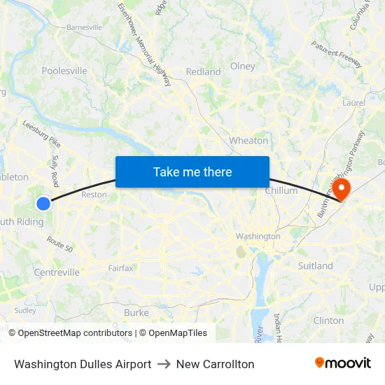 Washington Dulles Airport to New Carrollton map