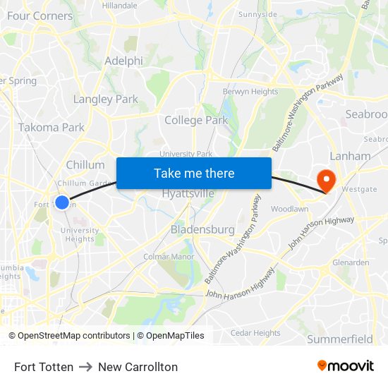 Fort Totten to New Carrollton map