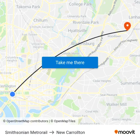 Smithsonian Metrorail to New Carrollton map