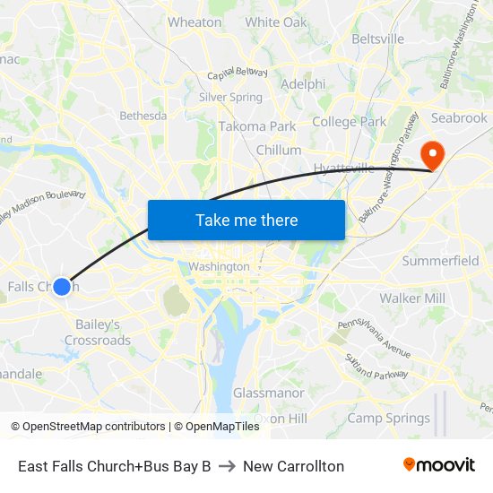 East Falls Church+Bay B to New Carrollton map