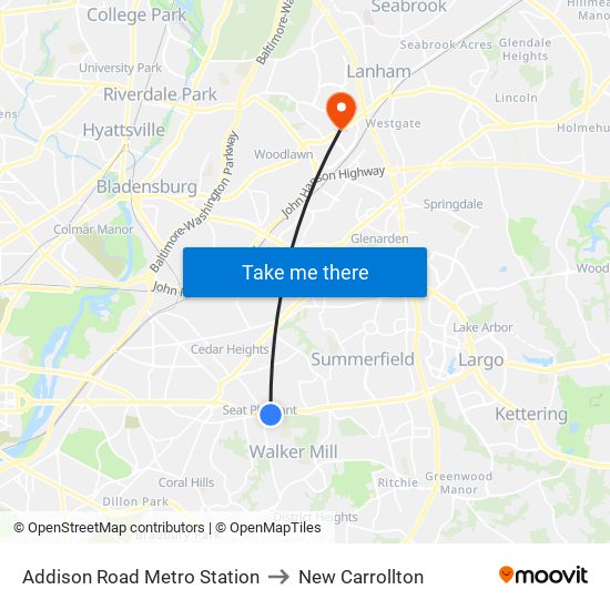 Addison Road Metro Station to New Carrollton map