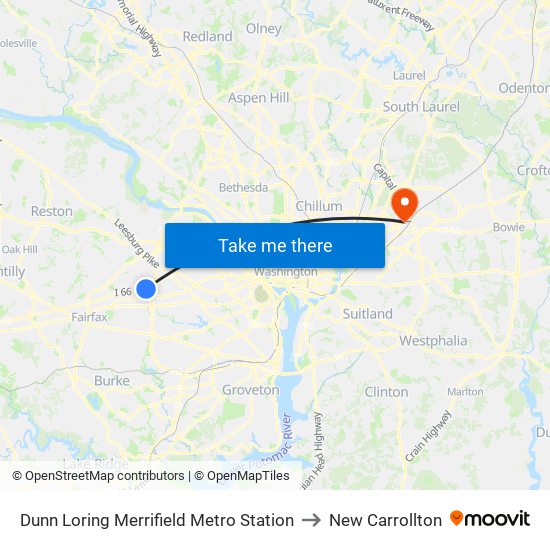 Dunn Loring Merrifield Metro Station to New Carrollton map