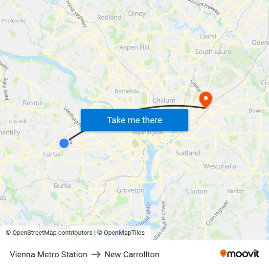 Vienna Metro Station to New Carrollton map