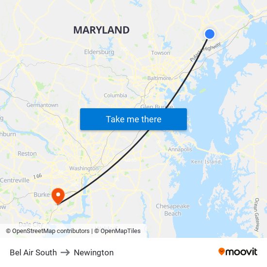 Bel Air South to Newington map