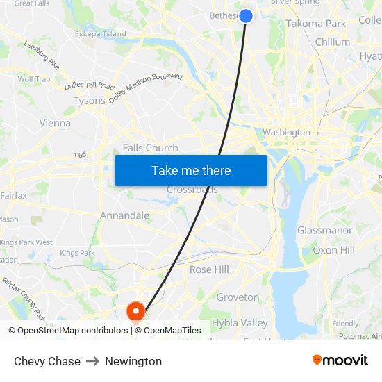 Chevy Chase to Newington map