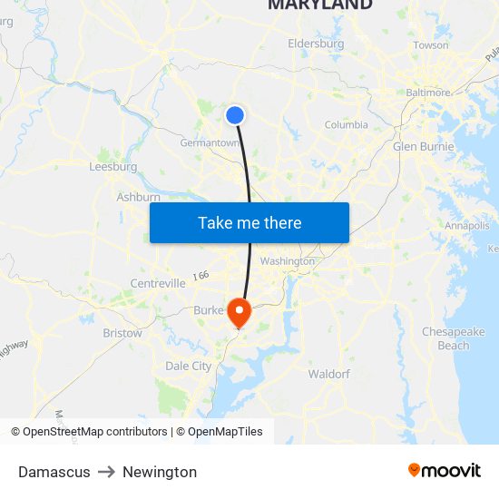 Damascus to Newington map