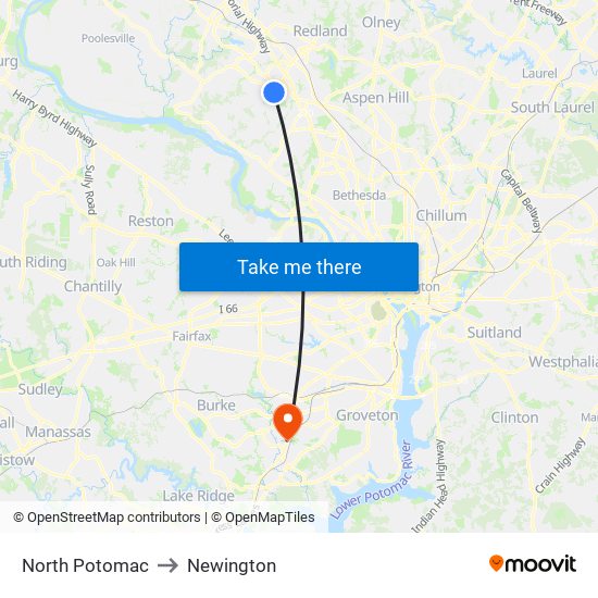 North Potomac to Newington map