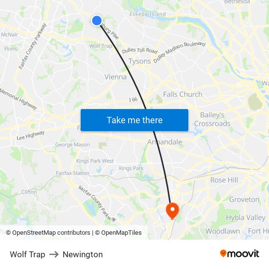 Wolf Trap to Newington map