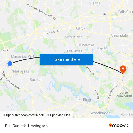 Bull Run to Newington map