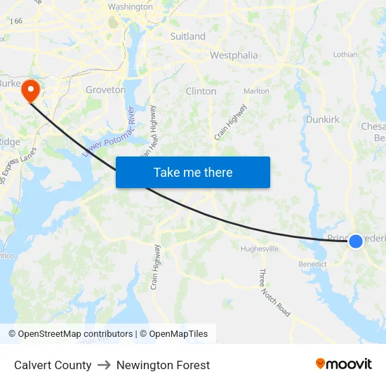 Calvert County to Newington Forest map