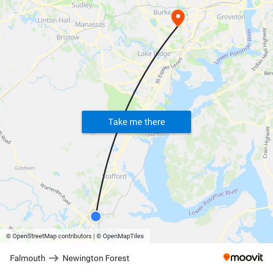 Falmouth to Newington Forest map