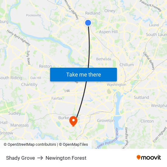 Shady Grove to Newington Forest map
