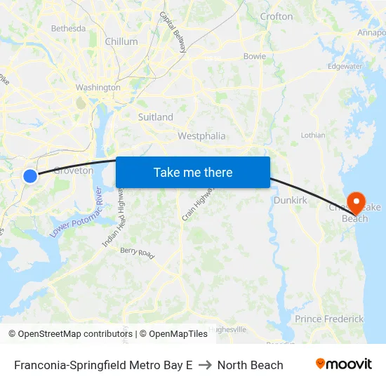 Franconia-Springfield Metro Bay E to North Beach map