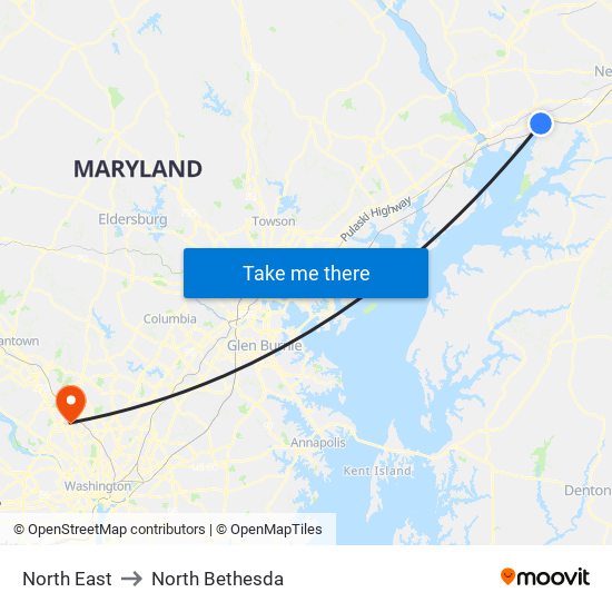 North East to North Bethesda map