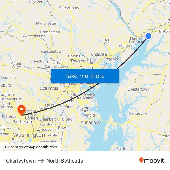 Charlestown to North Bethesda map