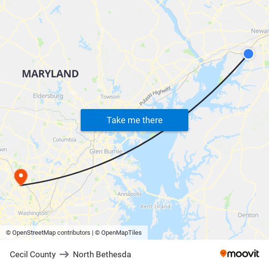 Cecil County to North Bethesda map