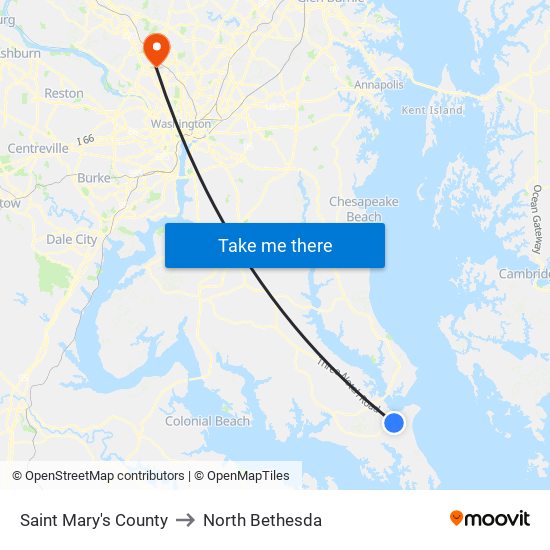 Saint Mary's County to North Bethesda map