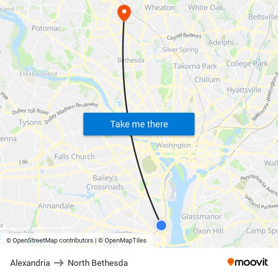 Alexandria to North Bethesda map