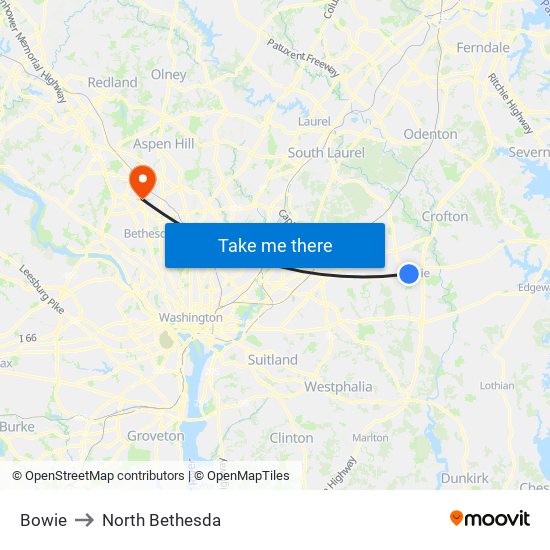 Bowie to North Bethesda map