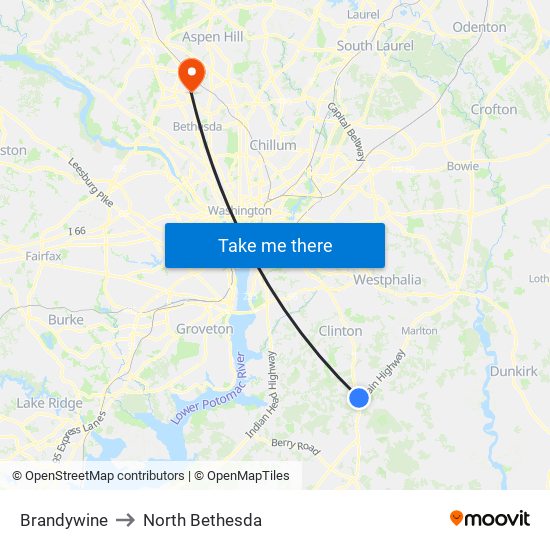 Brandywine to North Bethesda map