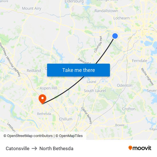 Catonsville to North Bethesda map