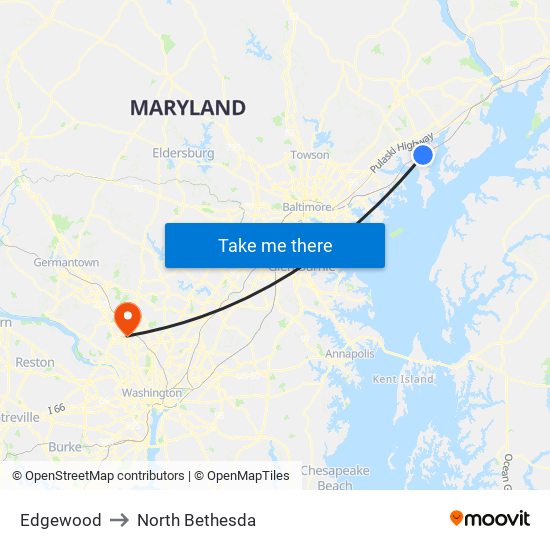 Edgewood to North Bethesda map