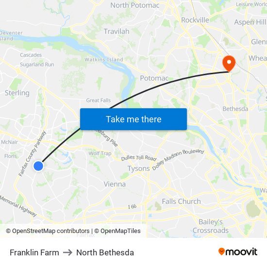 Franklin Farm to North Bethesda map