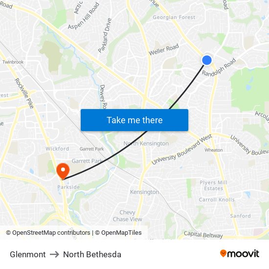 Glenmont to North Bethesda map