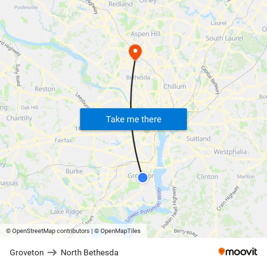 Groveton to North Bethesda map