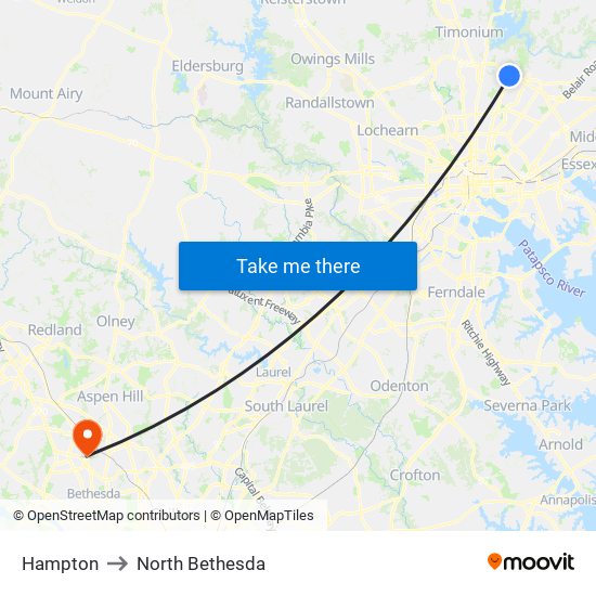 Hampton to North Bethesda map