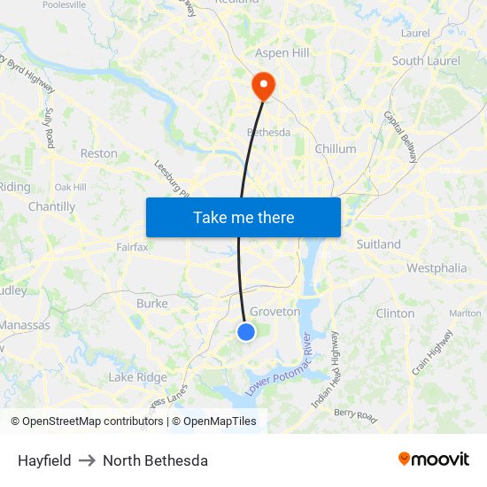 Hayfield to North Bethesda map