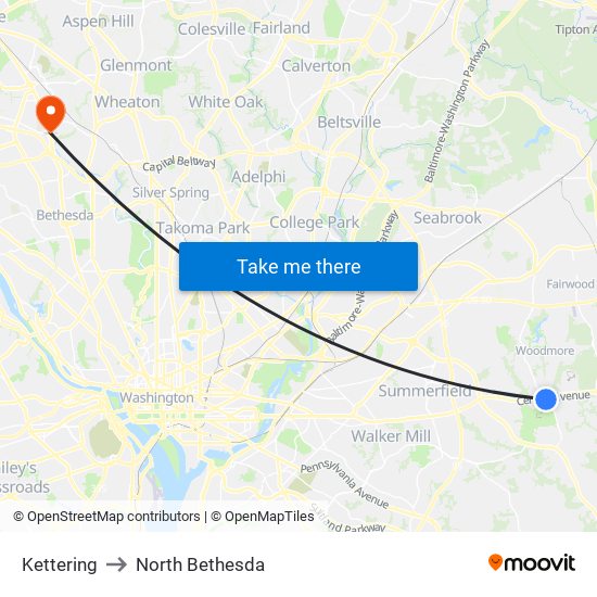 Kettering to North Bethesda map