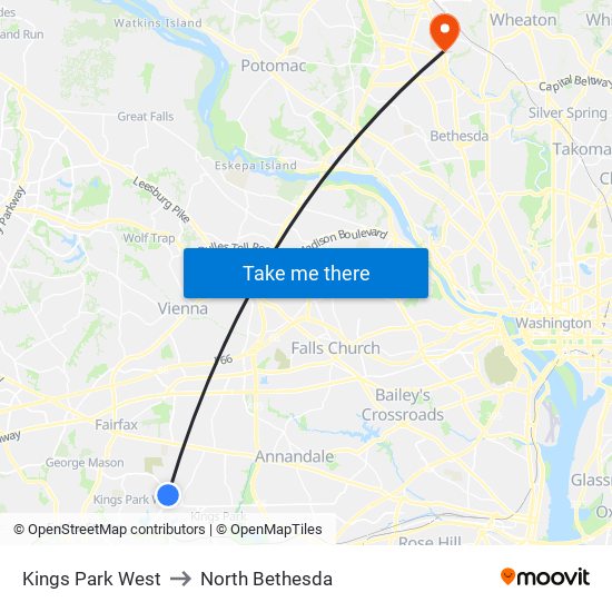 Kings Park West to North Bethesda map