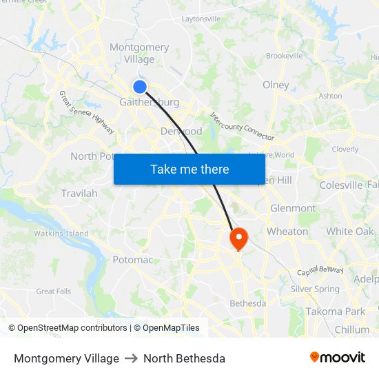 Montgomery Village to North Bethesda map