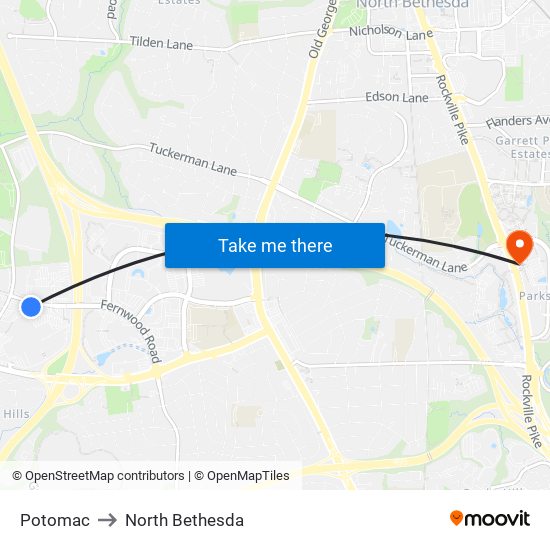 Potomac to North Bethesda map