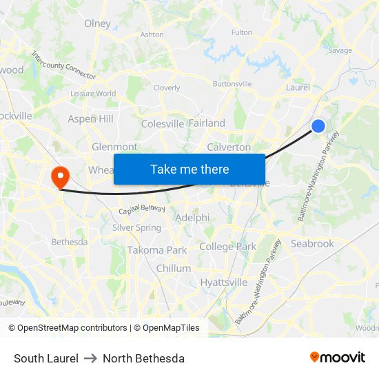 South Laurel to North Bethesda map