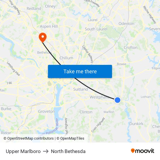 Upper Marlboro to North Bethesda map