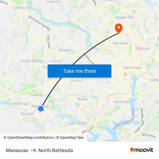 Manassas to North Bethesda map