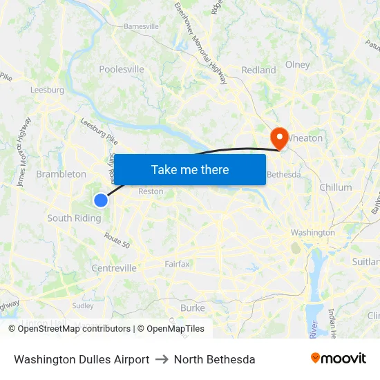 Washington Dulles Airport to North Bethesda map