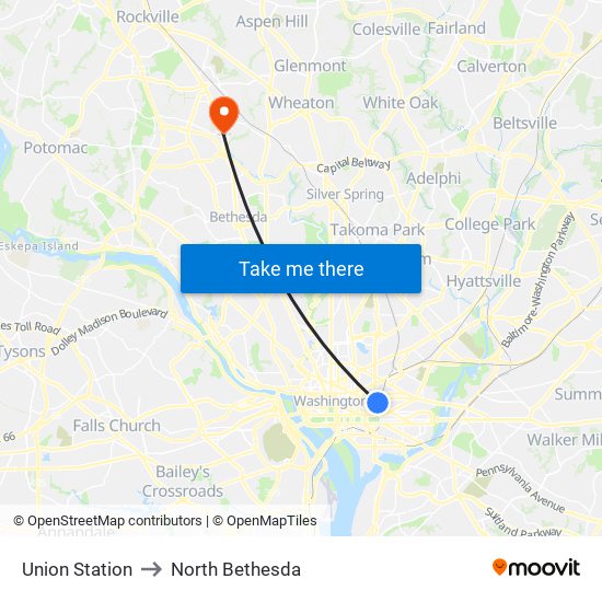 Union Station to North Bethesda map