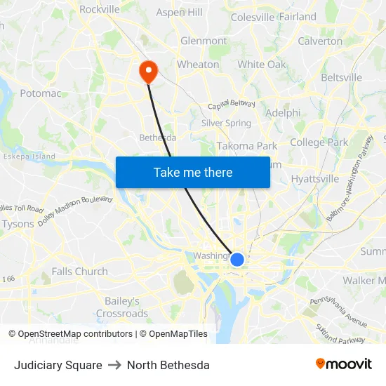 Judiciary Square to North Bethesda map