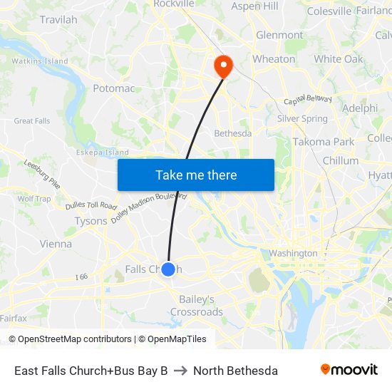 East Falls Church+Bay B to North Bethesda map