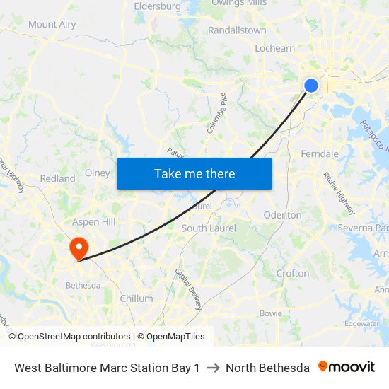 West Baltimore Marc Station Bay 1 to North Bethesda map