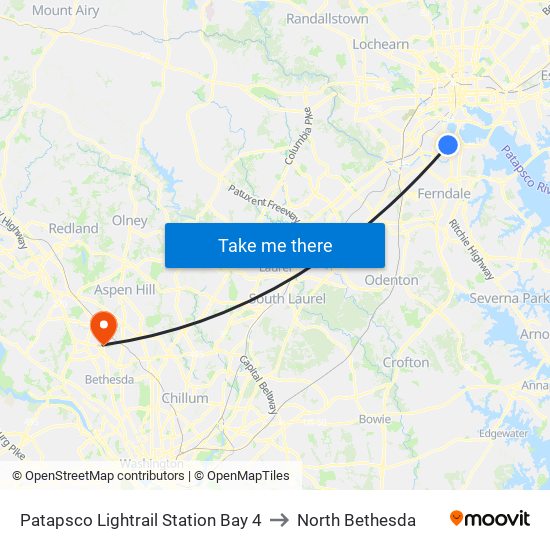 Patapsco Lightrail Station Bay 4 to North Bethesda map