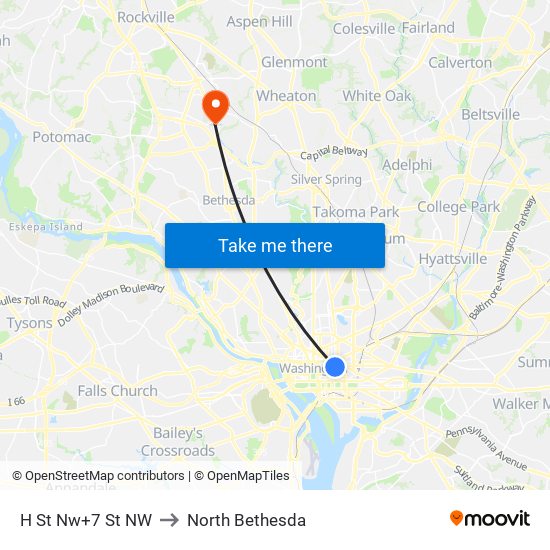 H St Nw+7 St NW to North Bethesda map