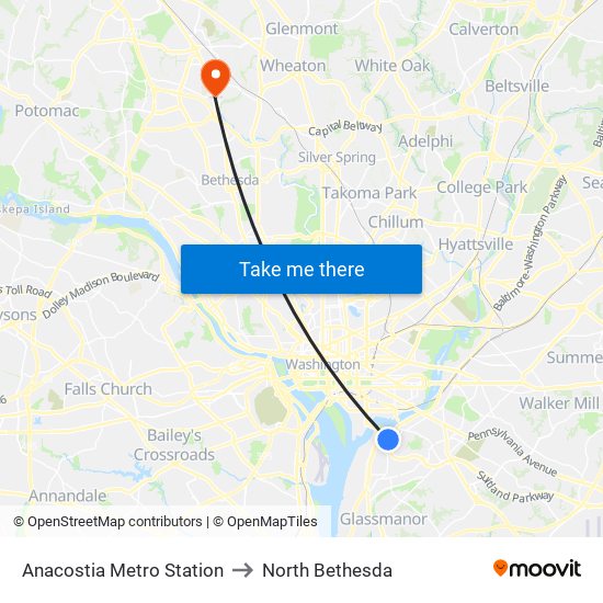 Anacostia Metro Station to North Bethesda map