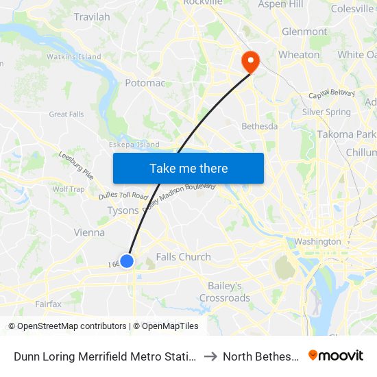 Dunn Loring Merrifield Metro Station to North Bethesda map