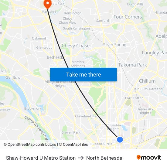 Shaw-Howard U Metro Station to North Bethesda map